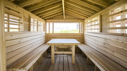 Fototapeta premium Wooden Gazebo with Benches and Table- Peaceful Outdoor Structure