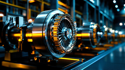 Fototapeta premium High tech machinery in modern workshop with metallic components and lighting