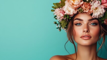 Fototapeta premium A striking portrait of a woman adorned with a vibrant flower crown against a teal background, showcasing her captivating eyes and artistic beauty.
