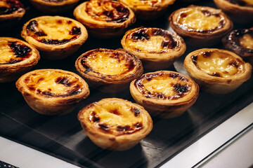 Close-up of Pastel de nata (Portuguese: pasteis de nata), a famous Portuguese egg custard tart pastry