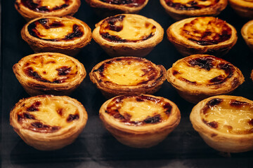 Close-up of Pastel de nata (Portuguese: pasteis de nata), a famous Portuguese egg custard tart pastry