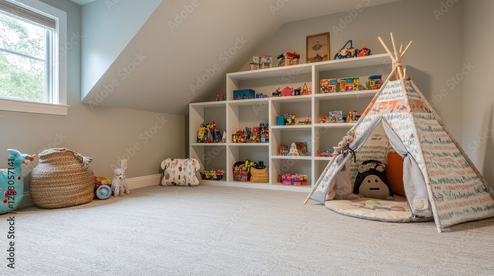 Wall mural Playroom with open shelving for easy toy access, a soft play mat, and a cozy tent for imaginative adventures