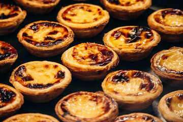 Close-up of Pastel de nata (Portuguese: pasteis de nata), a famous Portuguese egg custard tart pastry