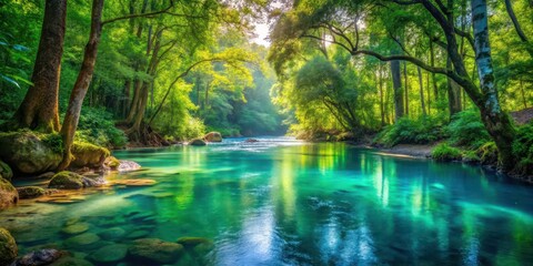 A tranquil forest scene with a crystal clear stream flowing gently through it, surrounded by lush greenery and vibrant blue waters that seem almost otherworldly, peaceful ambiance, blue water