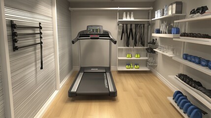 Practical home gym layout with a foldable treadmill, wall-mounted shelves, and clear space for workouts and equipment storage