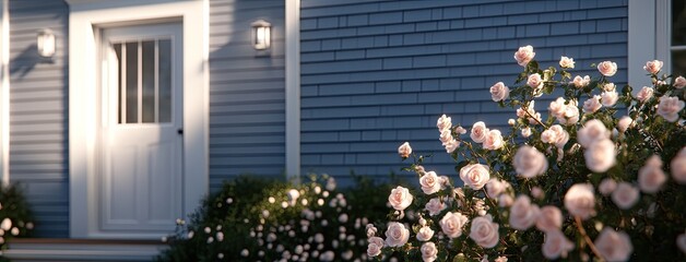 Fototapeta premium Vibrant pink roses add beauty to a blue-gray beach home as sunset casts a warm glow over Nantucket Island's picturesque landscape