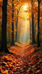 Fototapeta premium Amber forest floor covered with fallen leaves, forest, foliage