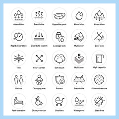 Disposable changing mat set icons. The outline icons are well scalable and editable. Contrasting elements are good for different backgrounds. EPS10.