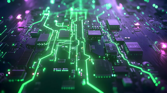 Futuristic glowing neon circuit board with green and purple light trails