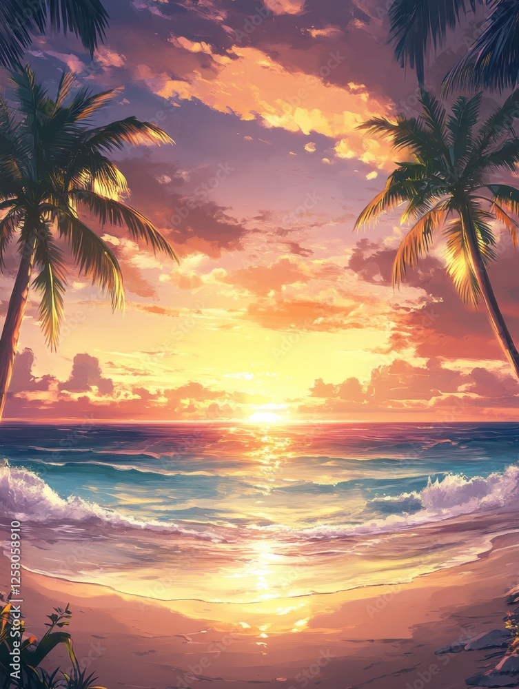 Poster serene sunset over ocean waves with palm trees framing a tropical beach in vibrant colors. generativ