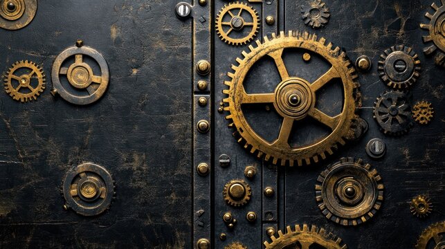 Black background with steampunk-inspired metallic textures, mechanical and vintage