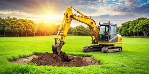 Mini excavator digging hole in grassy lawn, mini excavator, outdoor landscaping