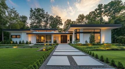 Fototapeta premium Modern white house with illuminated garden and pathway at dusk