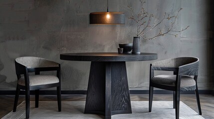 A black, round dining table with chairs