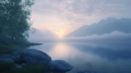 a calm lake shore at dawn, where soft mist hovers above the water and the horizon glows faintly with the first light of day
