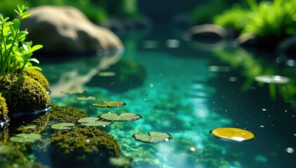 Aquatic plants and algae in a shallow freshwater pool, water features, algae types