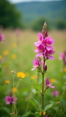 Fototapeta premium Aquilegia canadensis in field with other wildflowers, scenery, nature