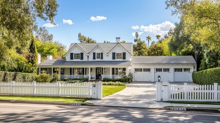 Obraz premium Beautiful white farmhouse with a wraparound porch, manicured lawn, and a white picket fence 