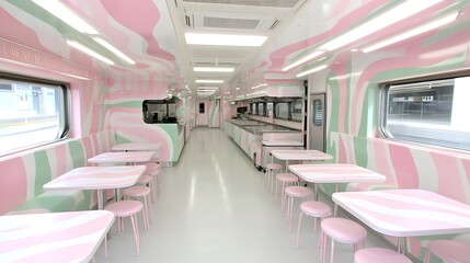 Fototapeta premium Dessert Themed Train Car Interior with Tables and Seating in a Pink and Green Color Scheme