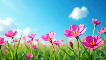 Fototapeta premium Aubrieta flowers in the grass against bright blue sky, landscape, flowers
