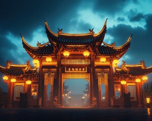Fototapeta premium the elegance of a traditional Chinese gate, illuminated by lanterns, with its elaborate carvings glowing softly under the night sky.