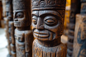 Intricate wooden carvings displayed in an art gallery celebrating indigenous craftsmanship and culture