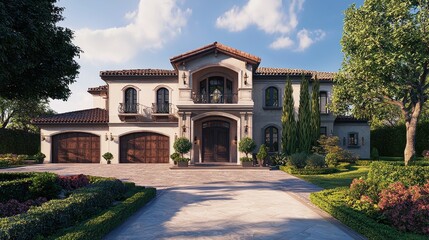 Naklejka premium Elegant Mediterranean mansion with arched windows, lush gardens, and a grand entrance