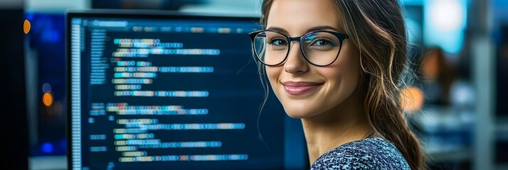 Confident Female Coder Reviews Lines of Code on Computer Screen in Busy Technology Company Office