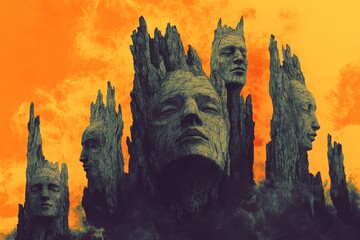 Mysterious stone figures rise from dark clouds under an orange sky in an otherworldly landscape