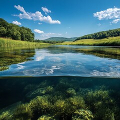 A stunning split-view image showcasing an underwater river scene below and a lush, vibrant landscape above, capturing the beauty of nature.

