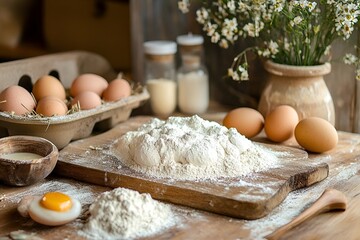 Fototapeta premium Ingredients laid out on a wooden table for baking with eggs, flour, and butter in a rustic kitchen setup. Generative AI