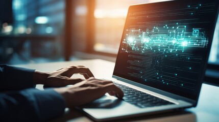 photograph of Close-up of AI write development technologies. Software engineer using laptop with data at home office. Working on coding