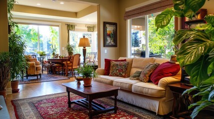 Relaxing family room with furniture placed against walls for support, an open layout, and plants in the health area