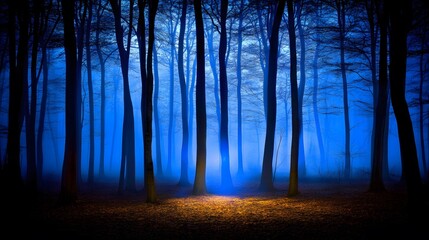 Fototapeta premium Enchanted Blue Forest Mystical Foggy Trees