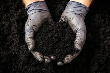 Hands holding rich black soil while working in a garden at a horticultural workshop in the afternoon sun. Generative AI