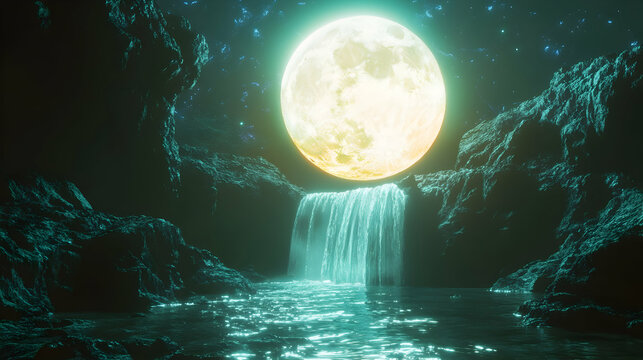 Enchanting full moon over waterfall in mystical night landscape