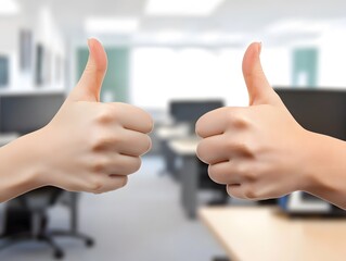 Two Hands Showing Thumbs Up Gesture in Office Background