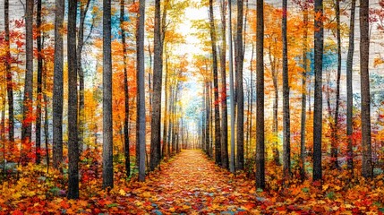 Fototapeta premium Autumn Forest Path Vibrant Fall Colors Tree Tunnel
