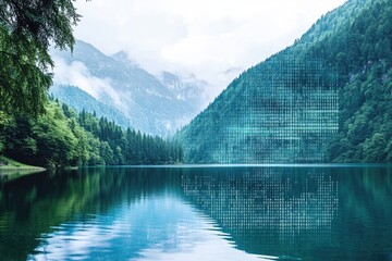 Digital data and binary code overlay a lake in a mountain landscape. This digital transformation concept represents an AI technology background.