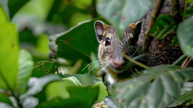 Charming agouti nestled among lush green foliage in a tropical rainforest AI