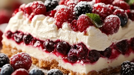 This visually stunning dessert features layers of berry compote and creamy frosting, beautifully presented to entice any dessert lover with its rich colors and textures.