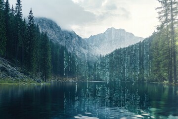 Digital data and binary code overlay a lake in a mountain landscape. This digital transformation concept represents an AI technology background.