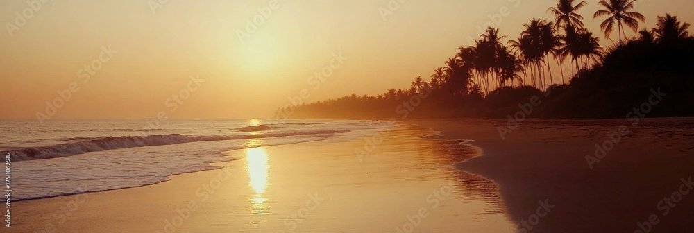 Poster golden sunset casts reflections on calm beach with palm trees along the shore. generative ai