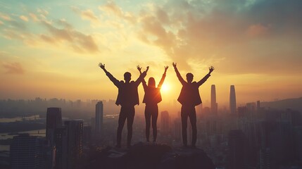 Triumphant Sunset Silhouette: Friends Celebrating Success Over City Skyline