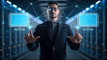 Man in suit interacting with digital interface in a server room