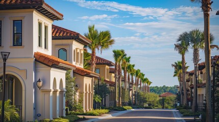 Fototapeta premium Beautiful Mediterranean-style homes along a palm-lined street in a luxury neighborhood 