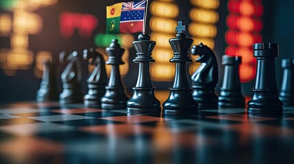 BRICS flags on pawn chess with stock market graph, symbolizing international cooperation and emerging markets.