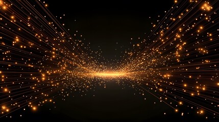 Fototapeta premium The image contains a burst of golden light streaks emanating from a central point, resembling fireworks or sparks, against a black background. The effect is dynamic and creates a sense of movement a