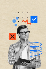 Exclusive image vertical photo collage of minded businessman hold planner notepad pen choice cross...