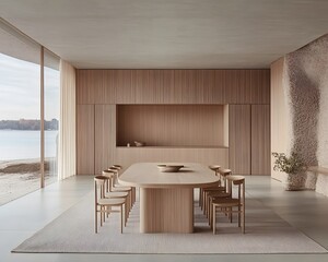 Fototapeta premium Modern Minimalist Wooden Dining Room Design with Lake View